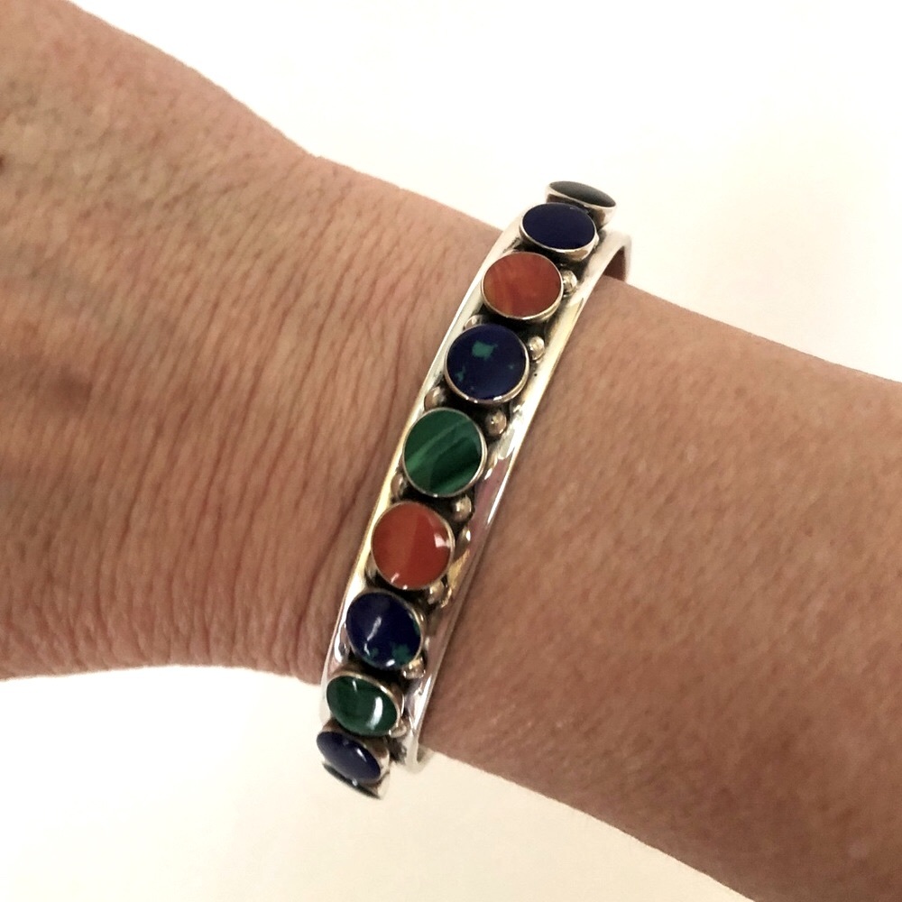 Mexican 925 Silver Multi Stone Bangle Bracelet